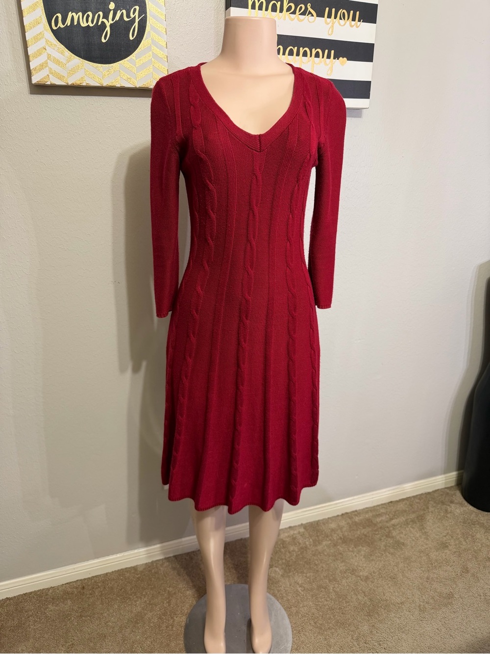 Nine West Cable-Knit V-Neck Sweater Dress in Deep Red